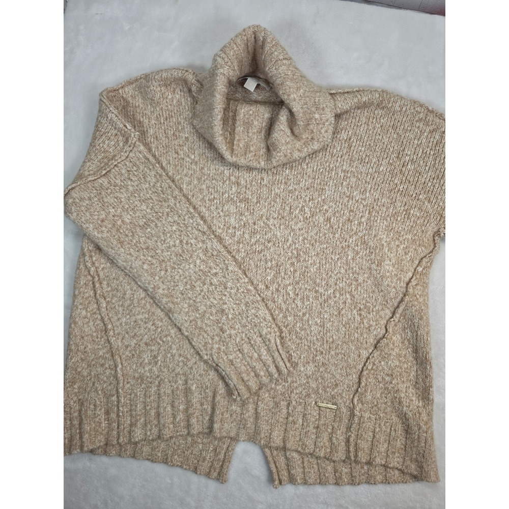 Michael Kors Tan Chunky Cowl Neck Sweater Womens XL Marl Split Hem Excellent